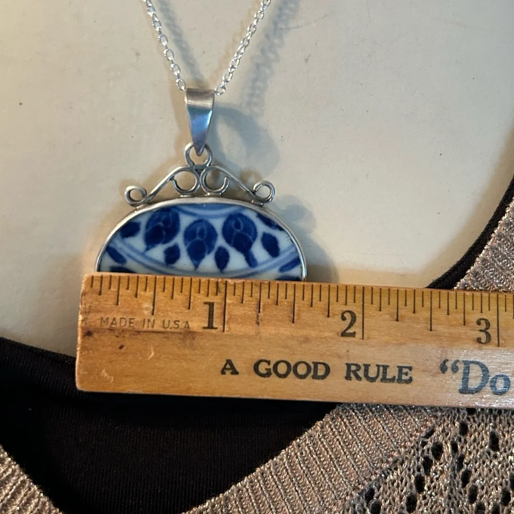 Vintage 925 Blue & White Porcelain Pendant Necklace